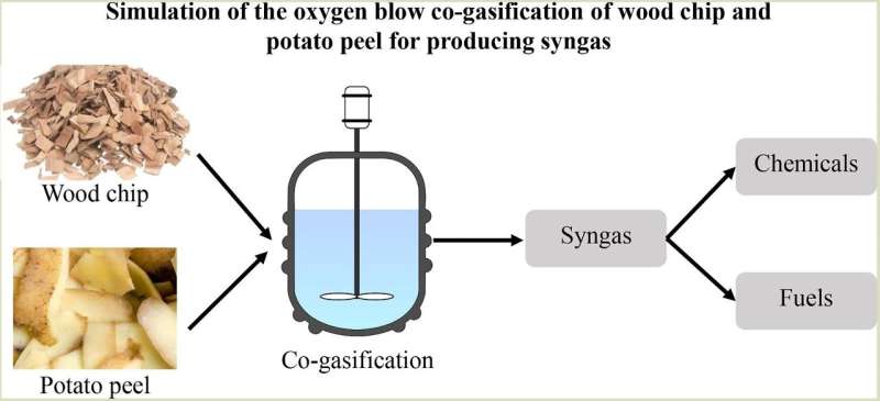 Simulación de cogasificación de O2 de astillas de madera y cáscaras de patata para la producción de gas de síntesis.